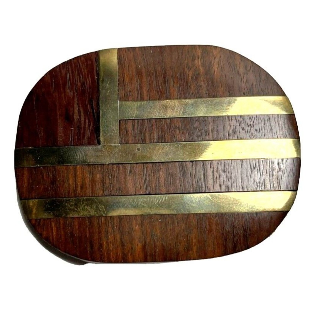 Vintage Wood Brass Inlay American Flag Belt Buckle